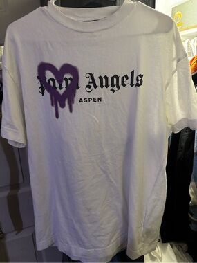 Palm Angels White Tee with Purple Heart and Black Logo